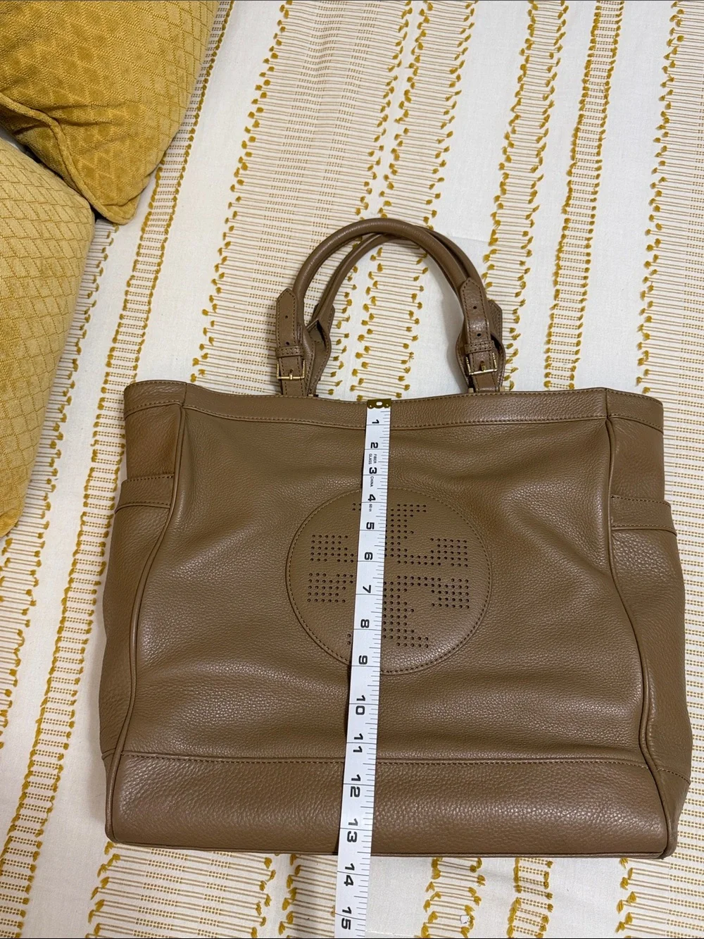 Beautiful Tory Burch Tan Perforated Logo Leather Tote